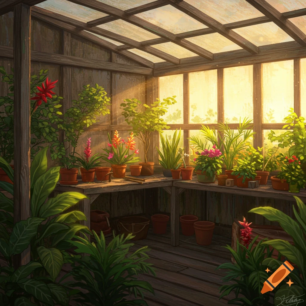 A sunlit greenhouse filled with lush potted plants on wooden shelves.