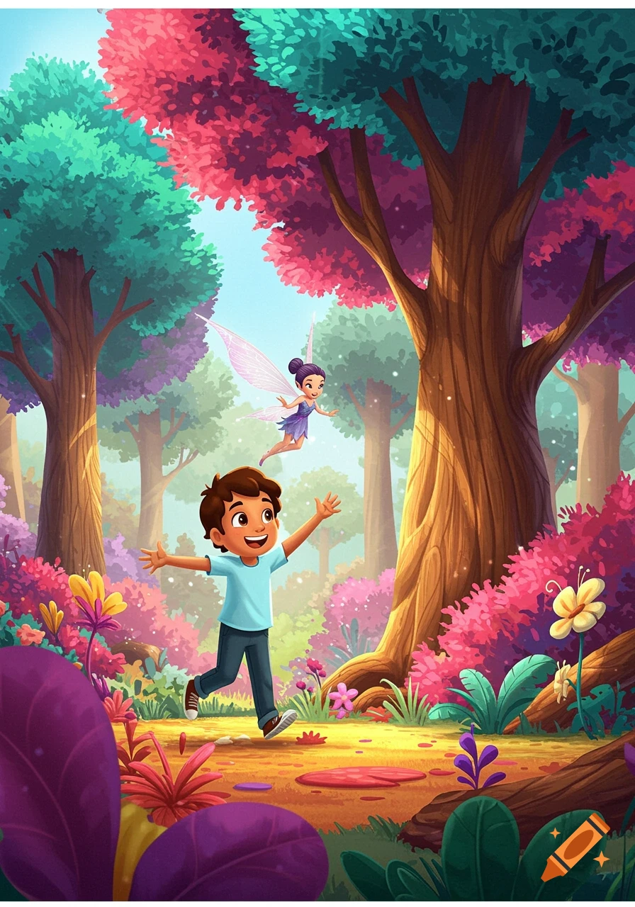 Boy and fairy in a colorful fantasy forest, children's illustration style