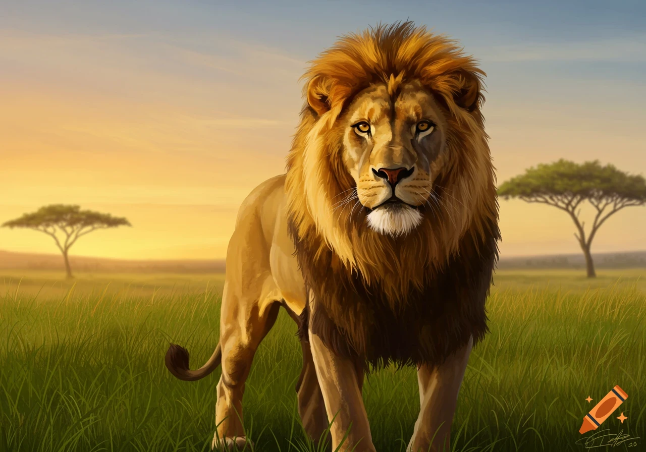A majestic lion standing in tall grass in a savanna at sunset.