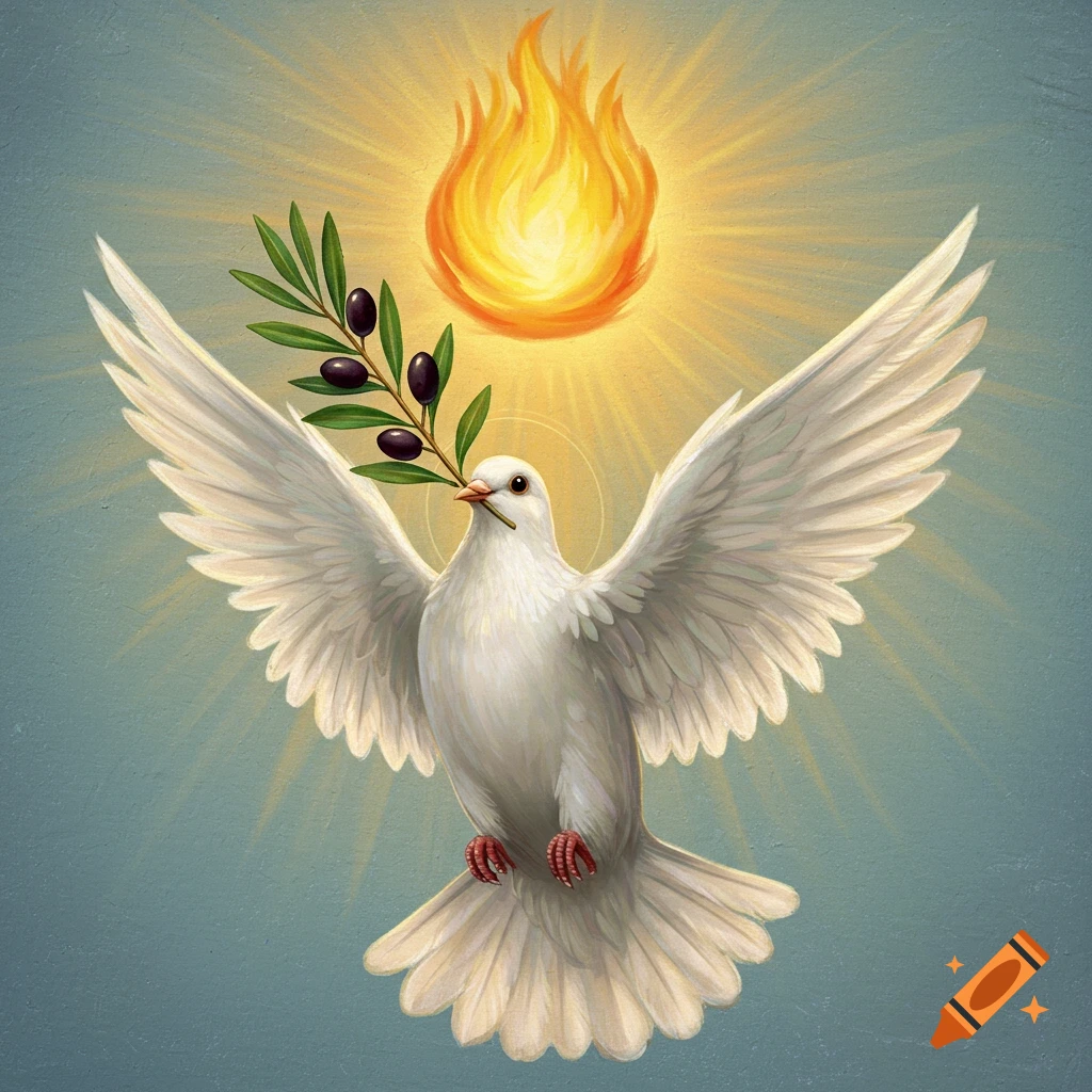 A white dove flies with an olive branch in its beak, with a flame and radiating light above its head.