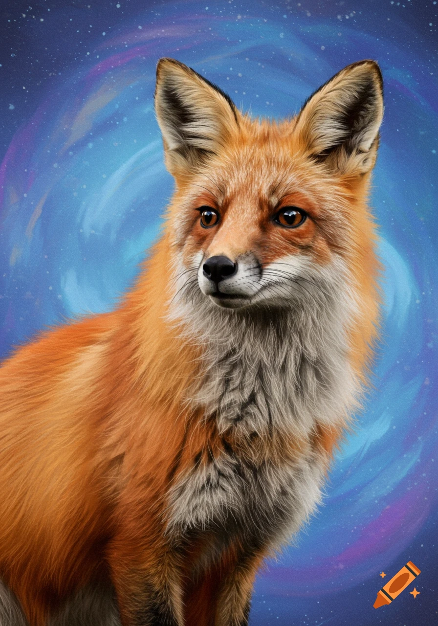 A fox looking to the left, against a swirly blue starry background.