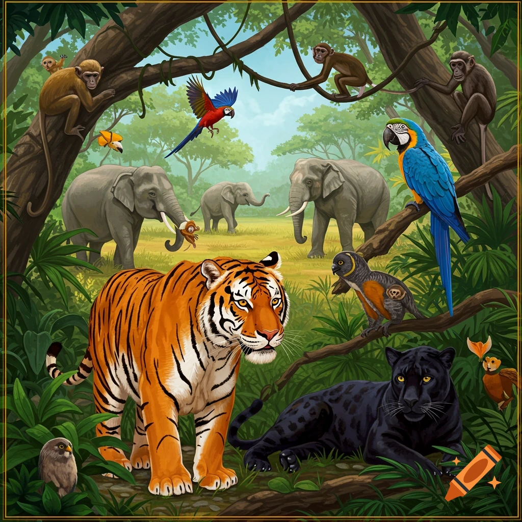 A tiger, black panther, elephants, monkeys, and birds in a jungle.