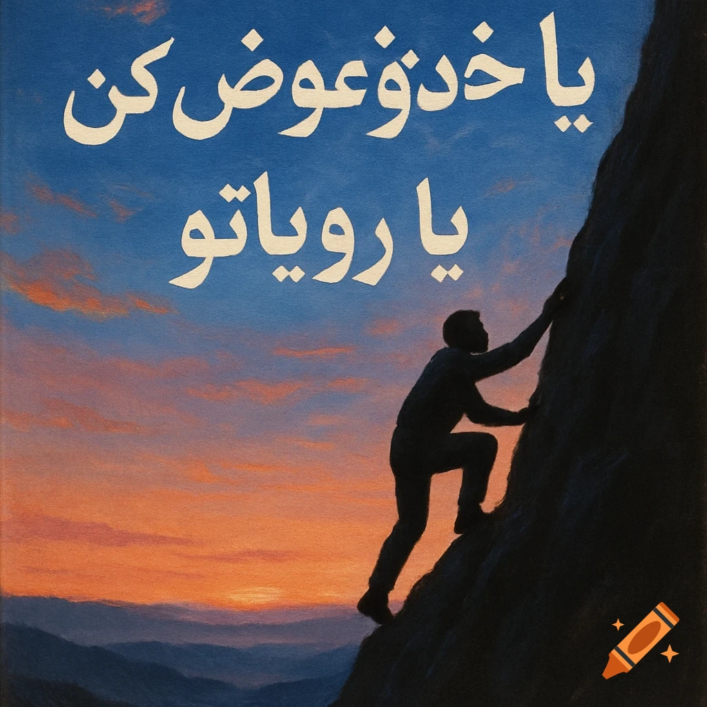 Silhouette of person climbing rock face against sunset sky with motivational text