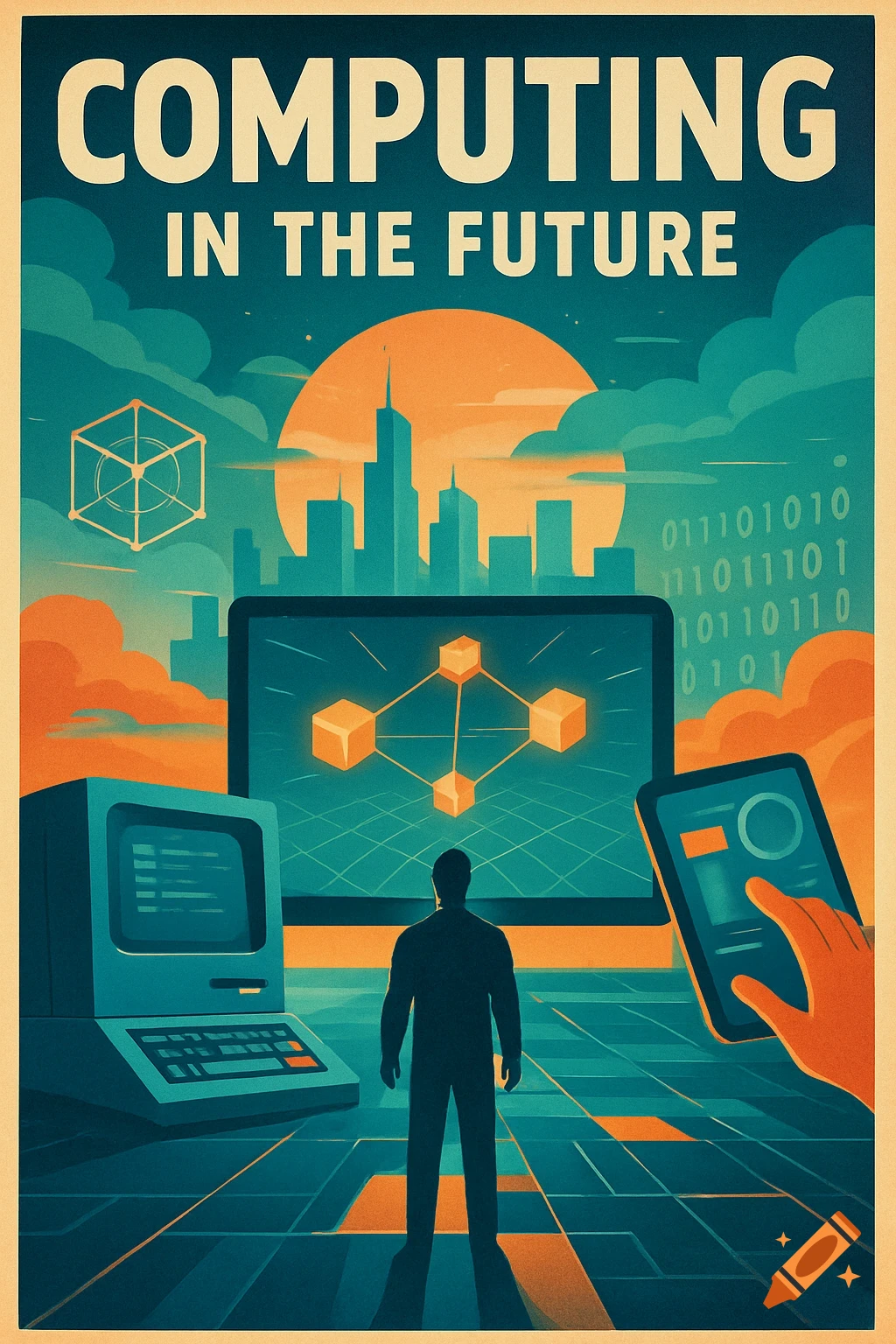 Retro poster for Computing in the Future with figure looking at screens, old computer, tablet, and cityscape.