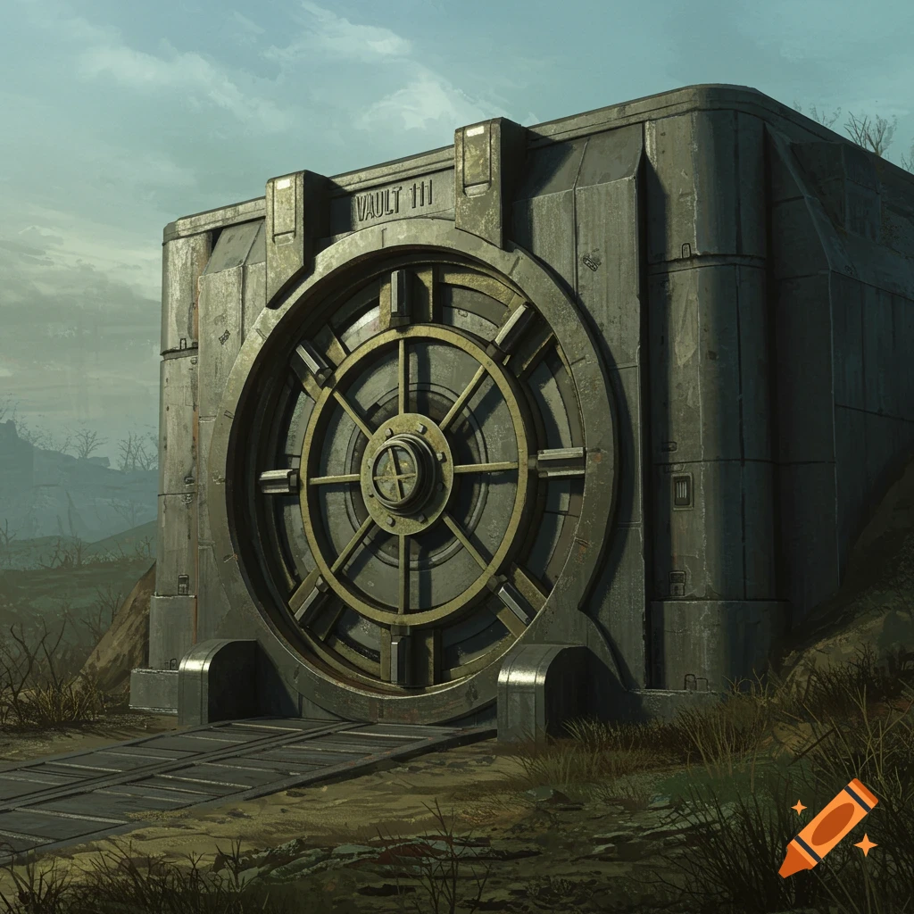 A large metal vault door stands alone in a desolate landscape under a cloudy sky.