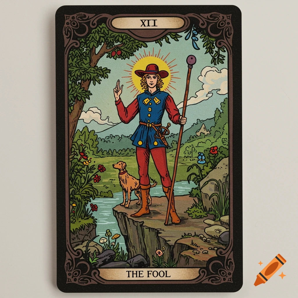 A tarot card illustration of The Fool and a dog standing on a cliff edge.
