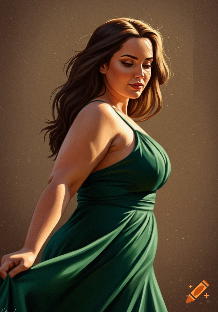 A curvy woman in a green dress.