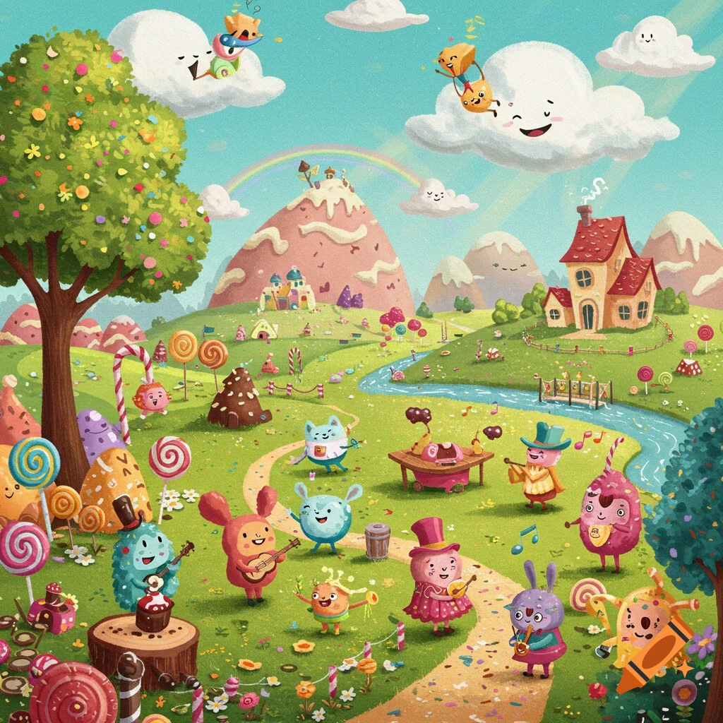 A colorful image of cute cartoon monsters playing music in a candy land with a rainbow and smiling clouds.