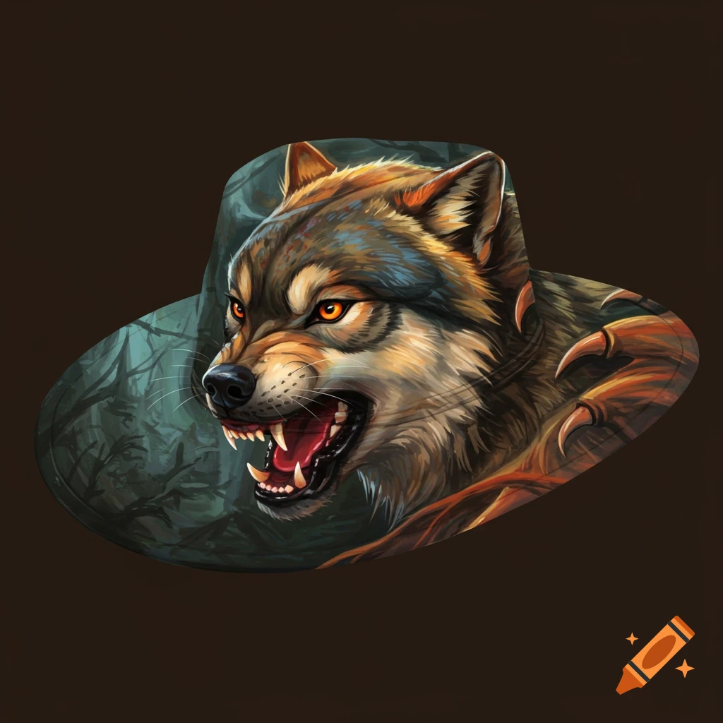 Angry wolf head with claws on a hat against a dark forest background.
