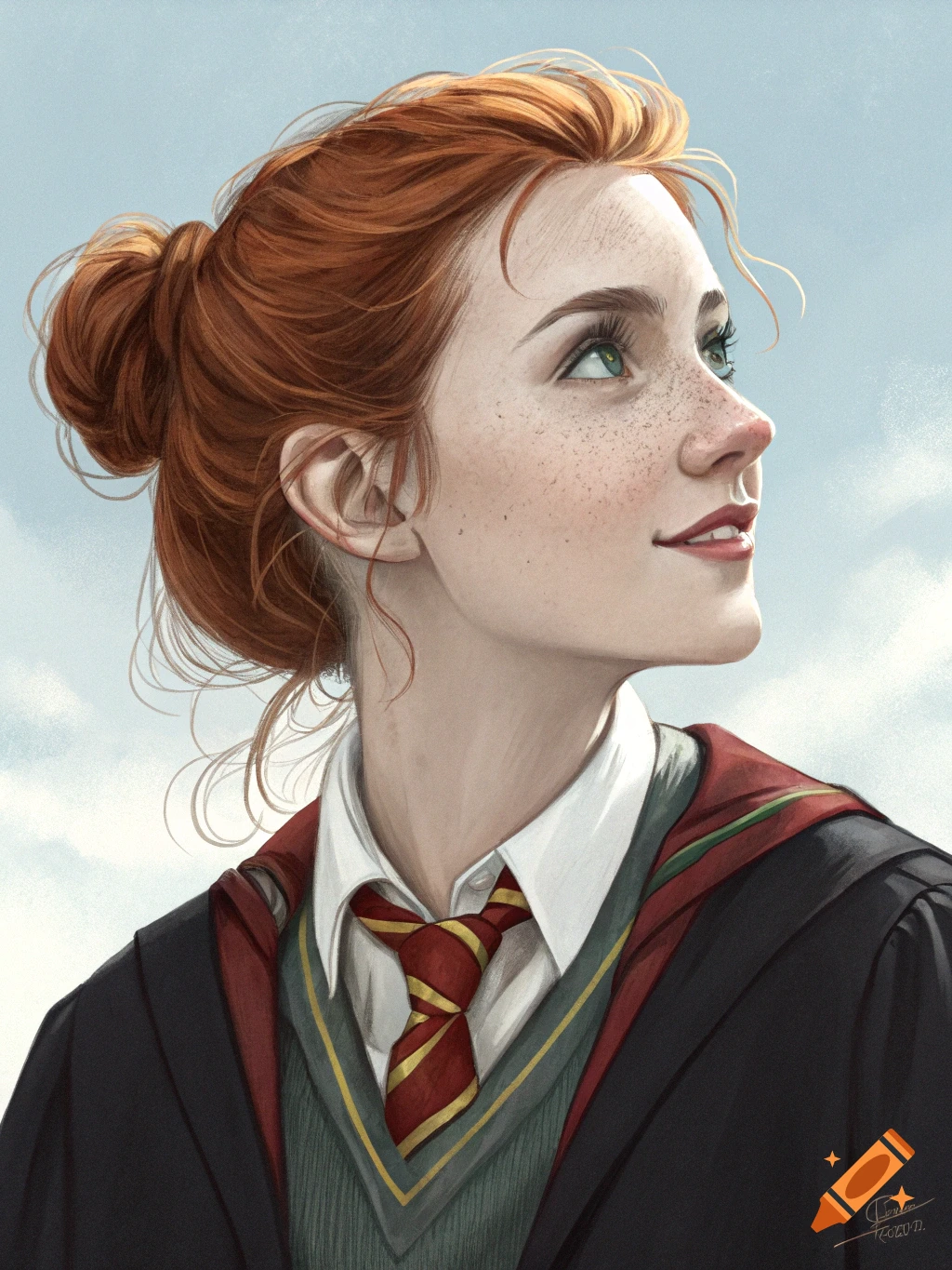 Portrait of a young woman with red hair and freckles, wearing a school uniform with a striped tie, looking upwards.