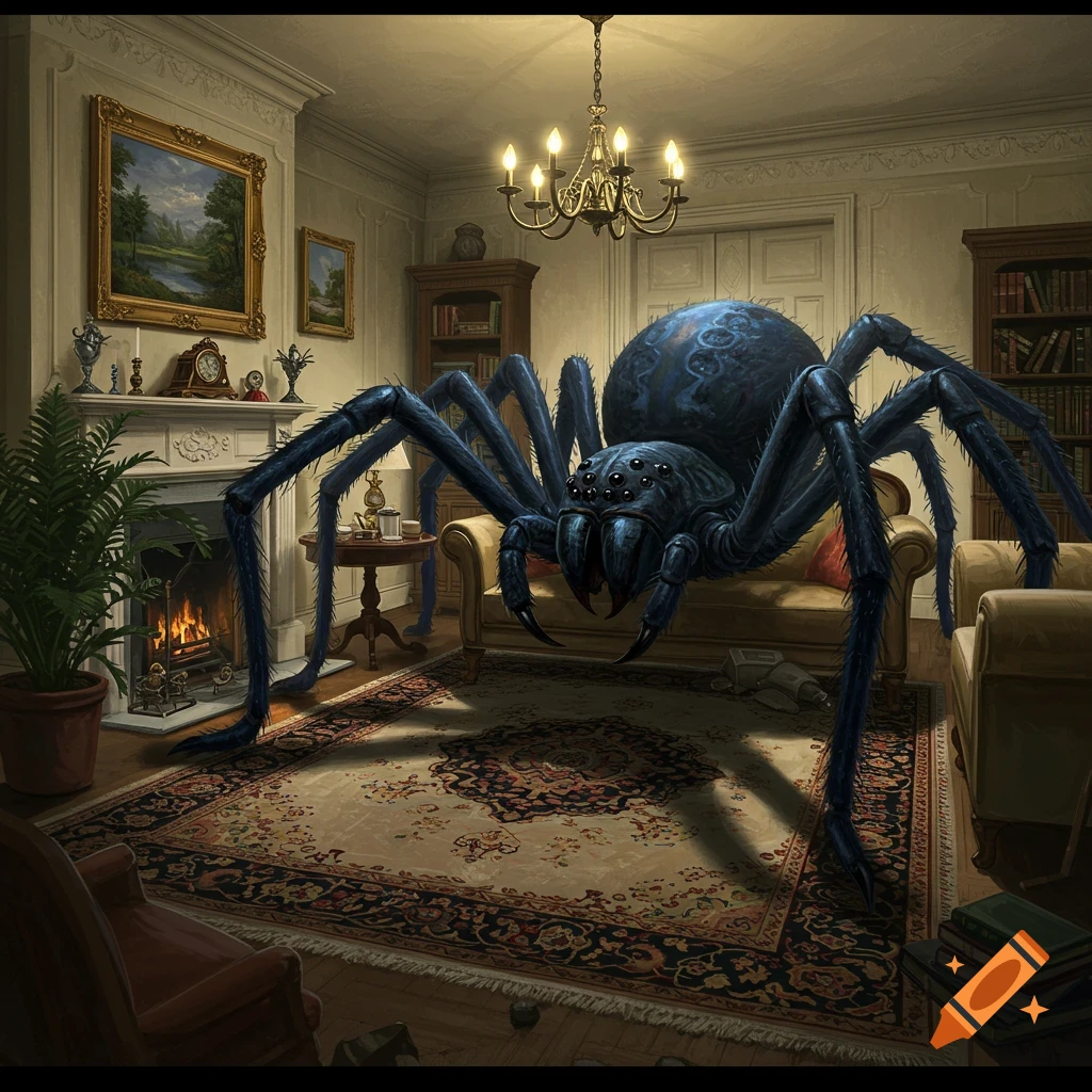 A giant spider in a formal living room.