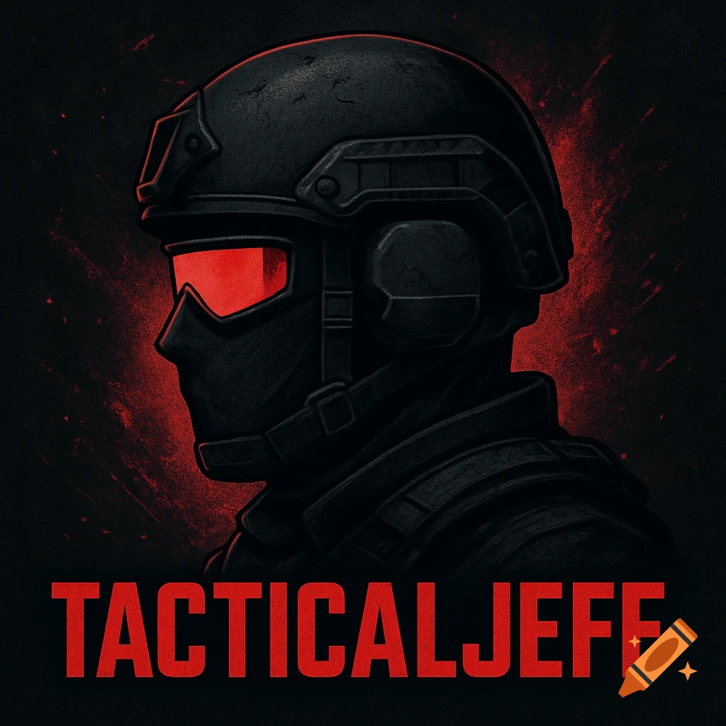 A person in tactical gear with red eyes/visor and the text "TACTICALJEFF" at the bottom.