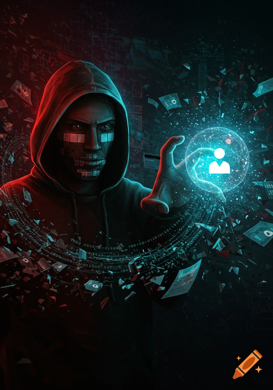A hooded figure with a pixelated face reaches for a glowing user icon sphere amid binary code and scattered data.