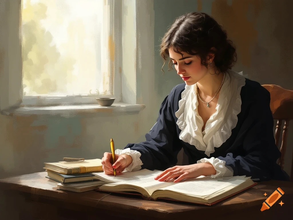 Painting of a woman writing at a desk near a sunlit window.
