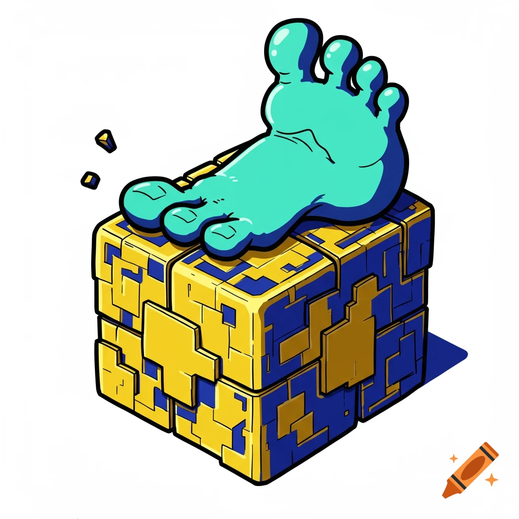 Stylized turquoise foot on a geometric yellow and blue cube illustration