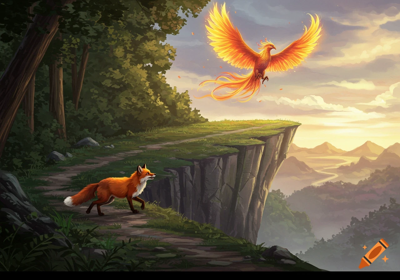 A fox on a cliff path watches a glowing phoenix fly overhead at sunset.