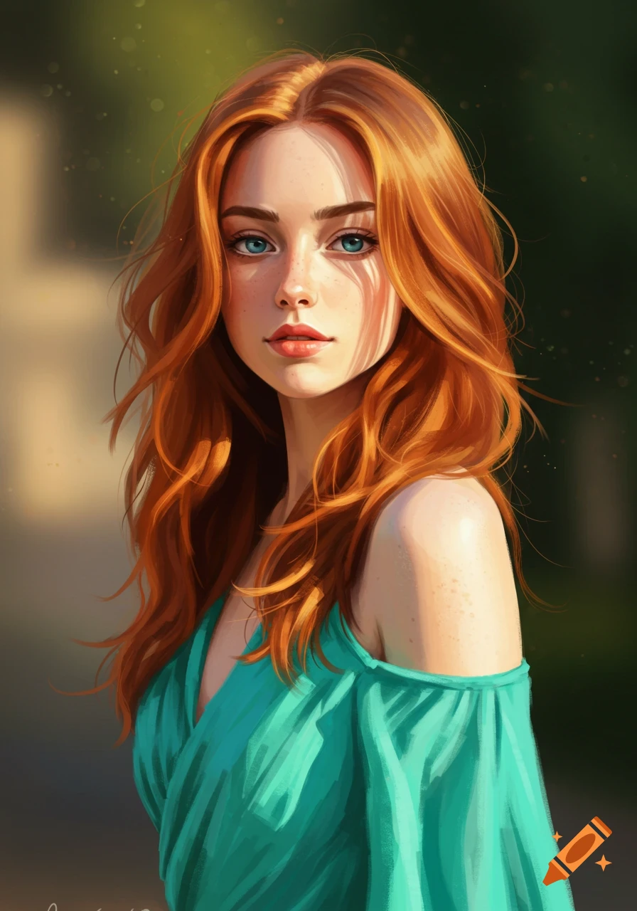 Portrait of a woman with red hair and blue eyes wearing a teal dress.