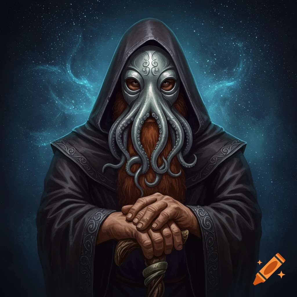 A hooded figure with a red beard and silver squid mask holds a staff against a starry blue background.