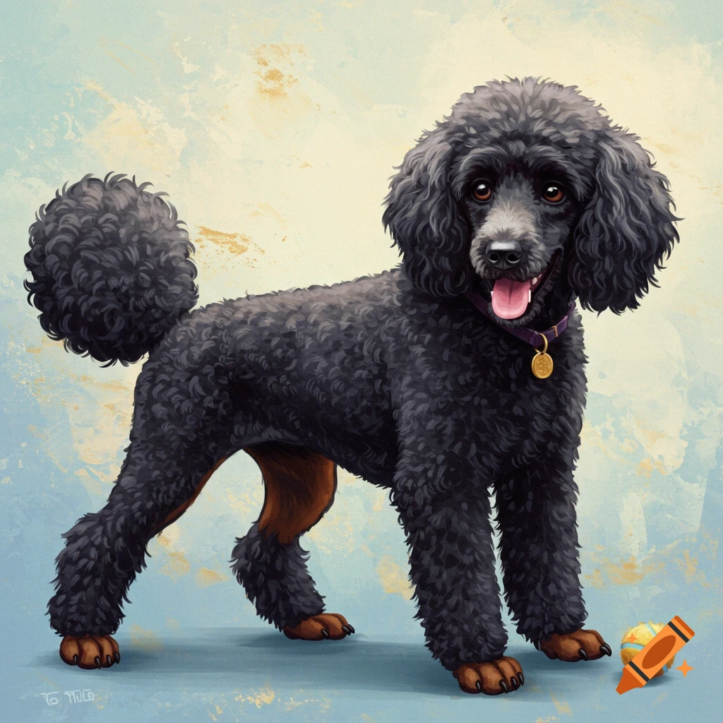 A black poodle mixed breed dog with brown markings is standing with a ball.
