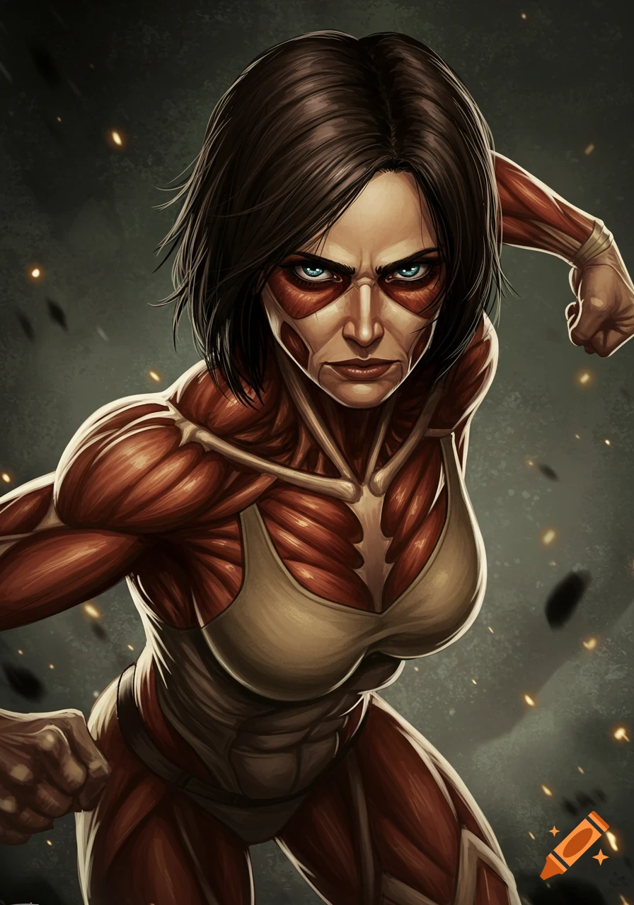 Annie Leonhart as the Female Titan with exposed muscle, clenching fists and staring intensely.