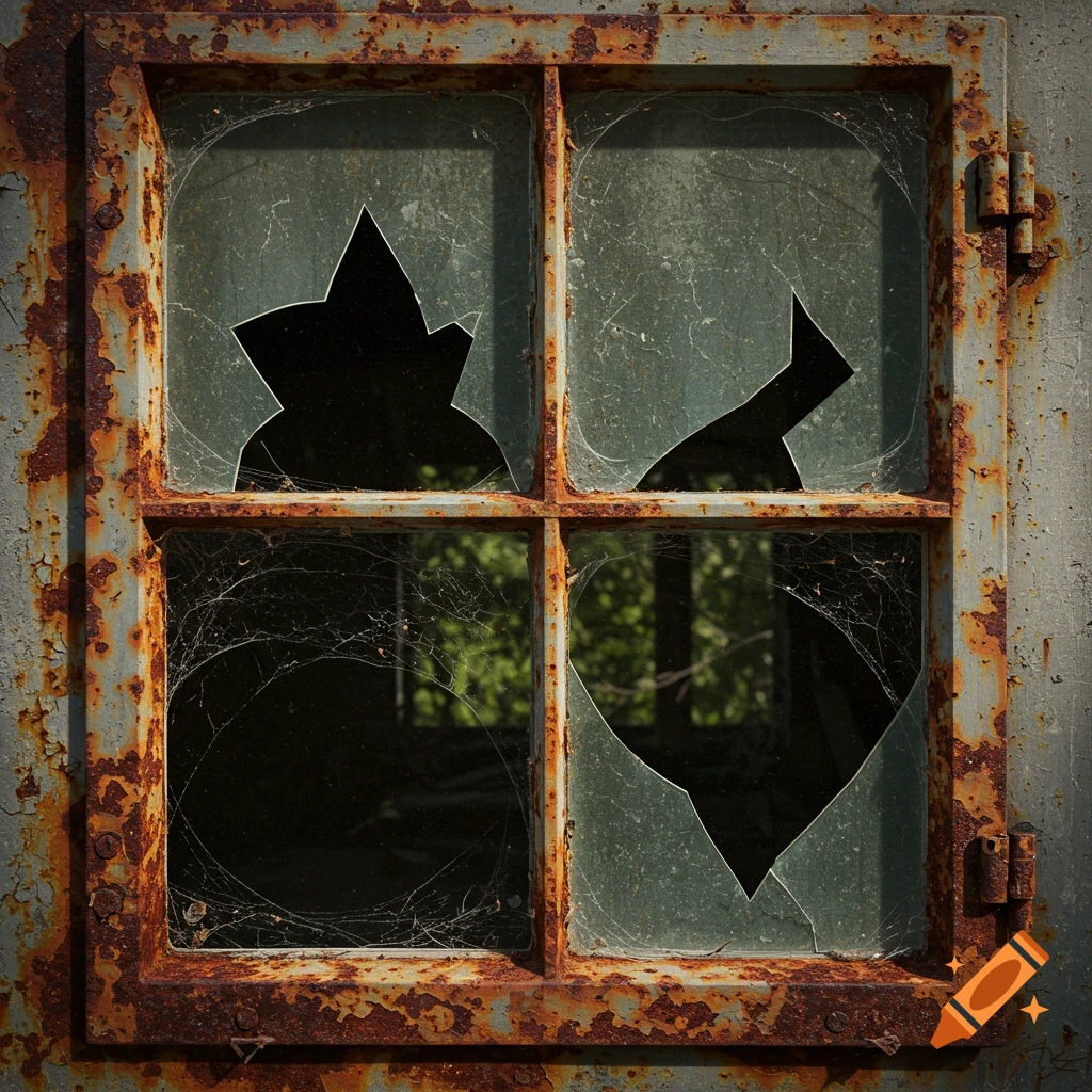 Close-up of a rusty, broken window with shattered glass and spiderwebs looking through to trees.