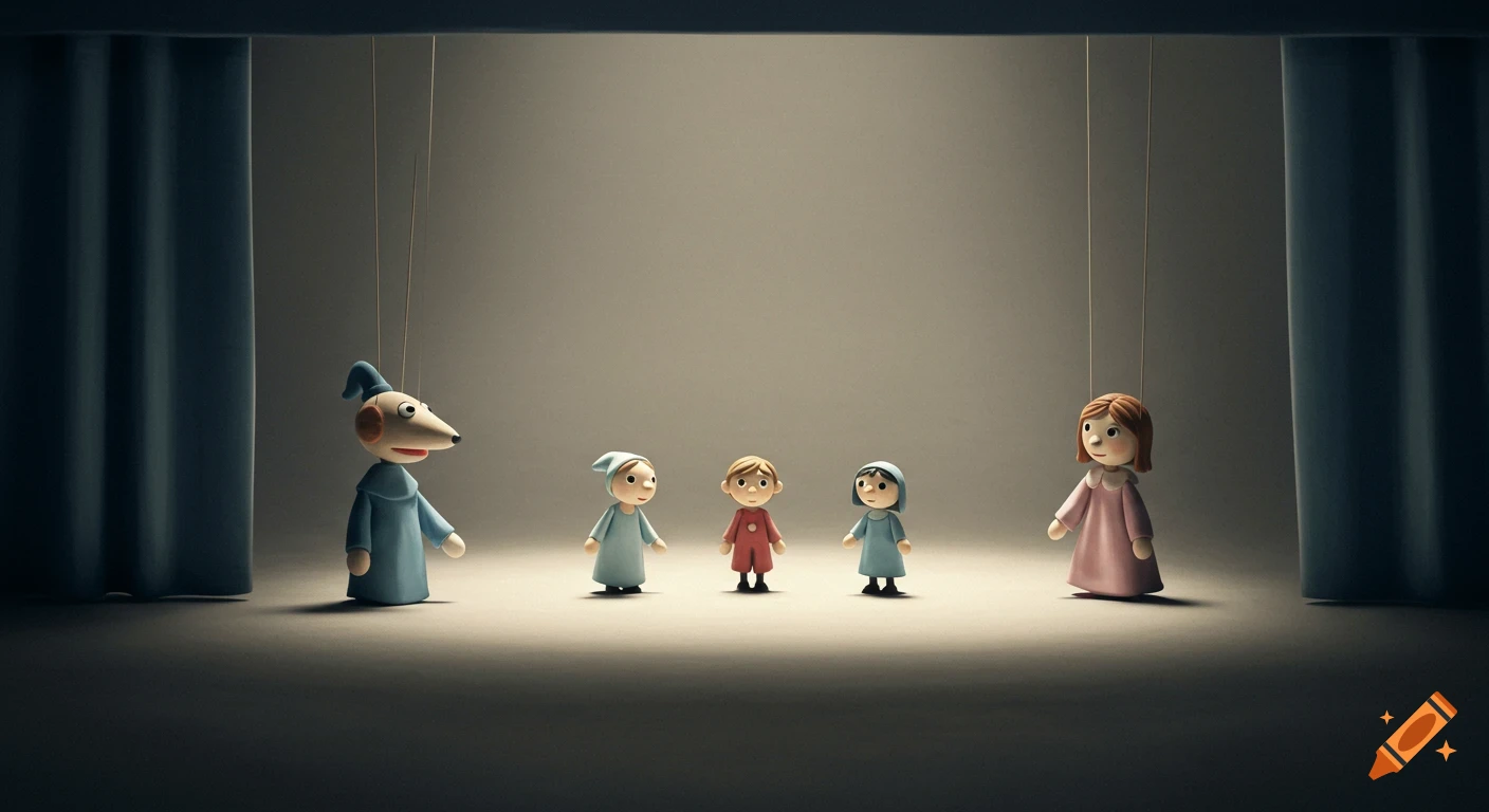 A minimalist puppet show stage with five puppets.