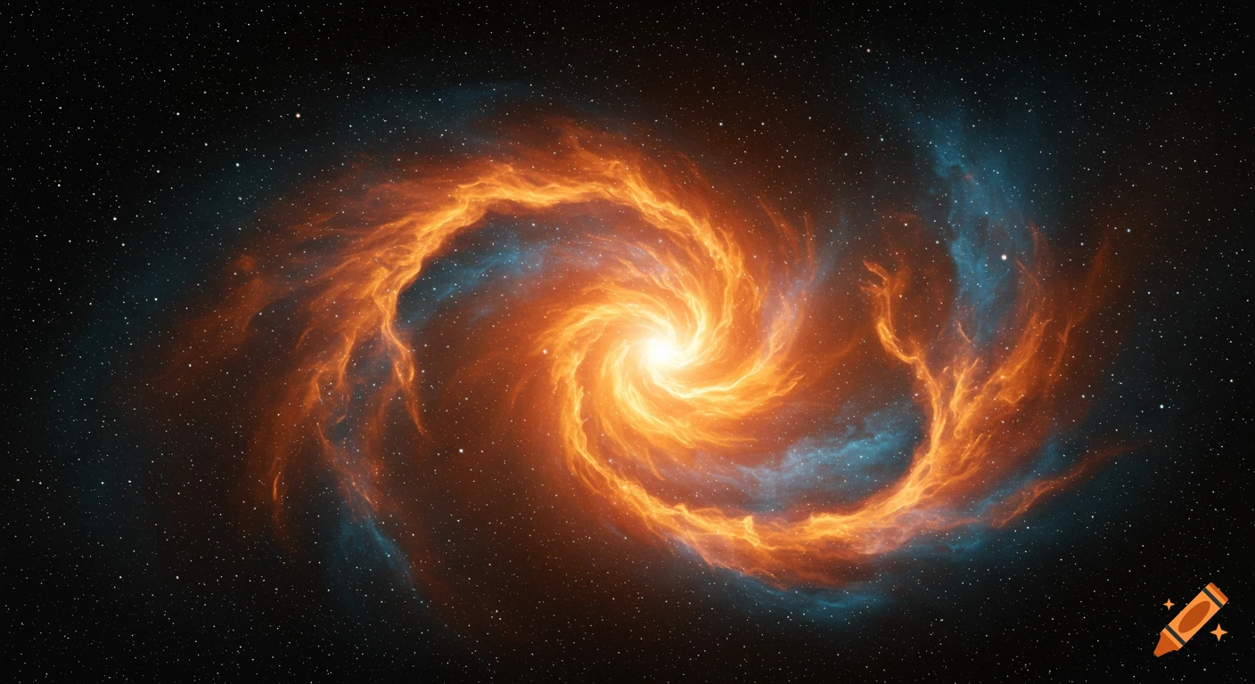 An orange and blue spiral galaxy glows brightly in a field of stars.