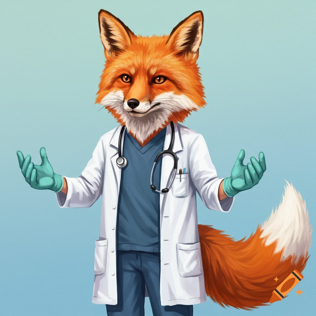 A fox wearing a white doctor's coat, blue scrubs, stethoscope, and surgical gloves. The fox extends its gloved hands.