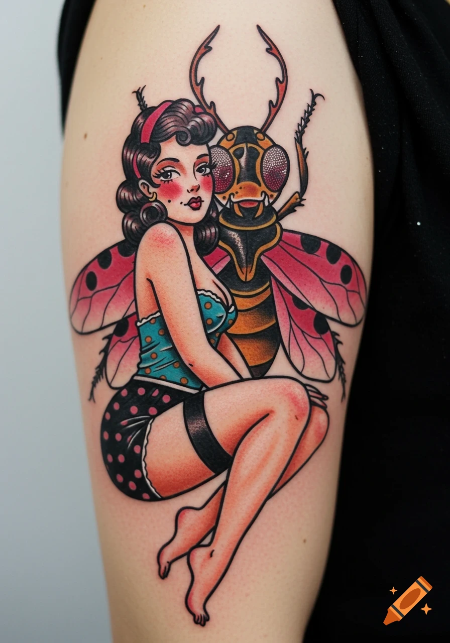 Traditional tattoo of a pin-up girl with insect wings next to a large bug head on an arm.