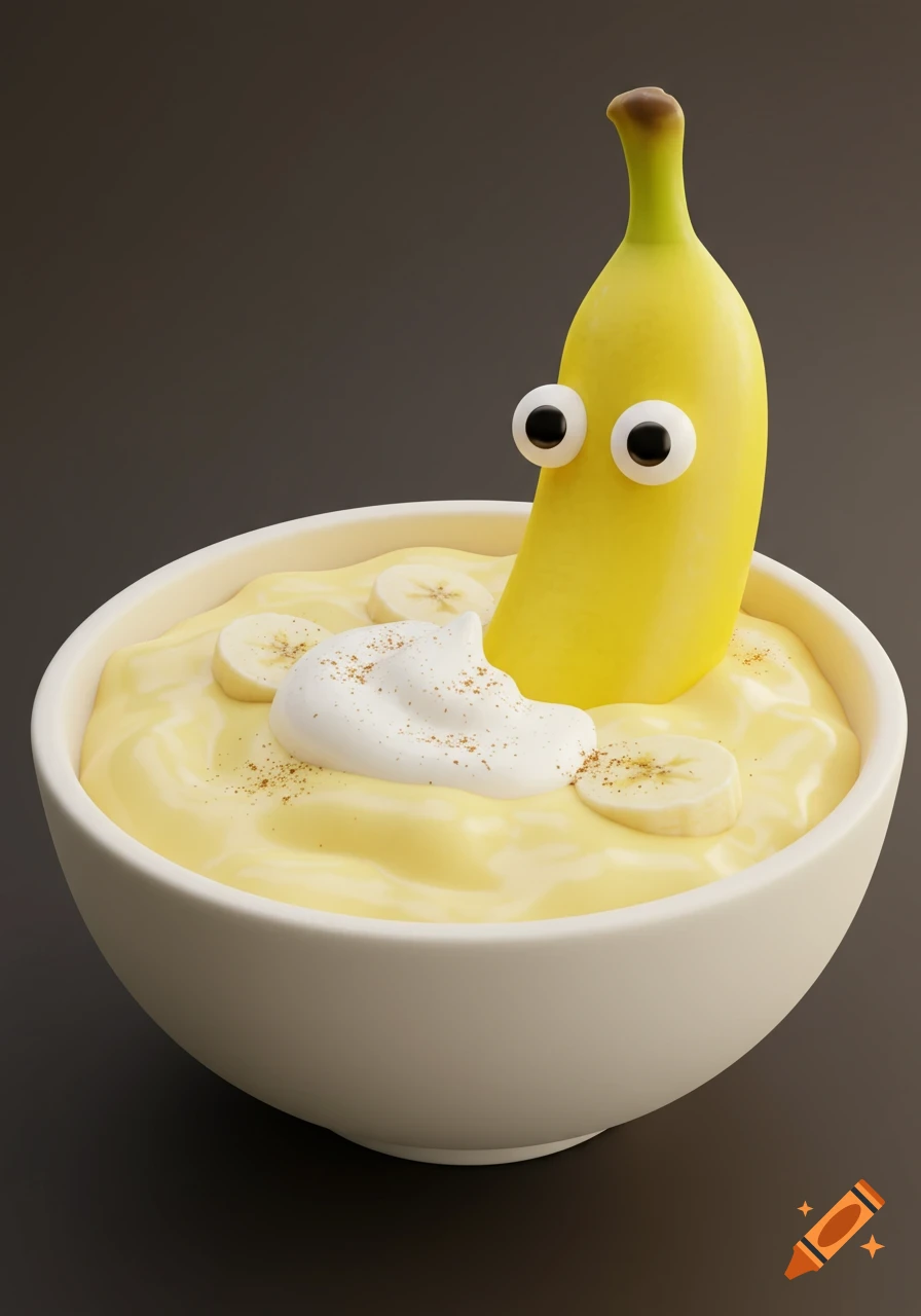 A 3D render of a cartoon banana with googly eyes sitting in a bowl of banana pudding.