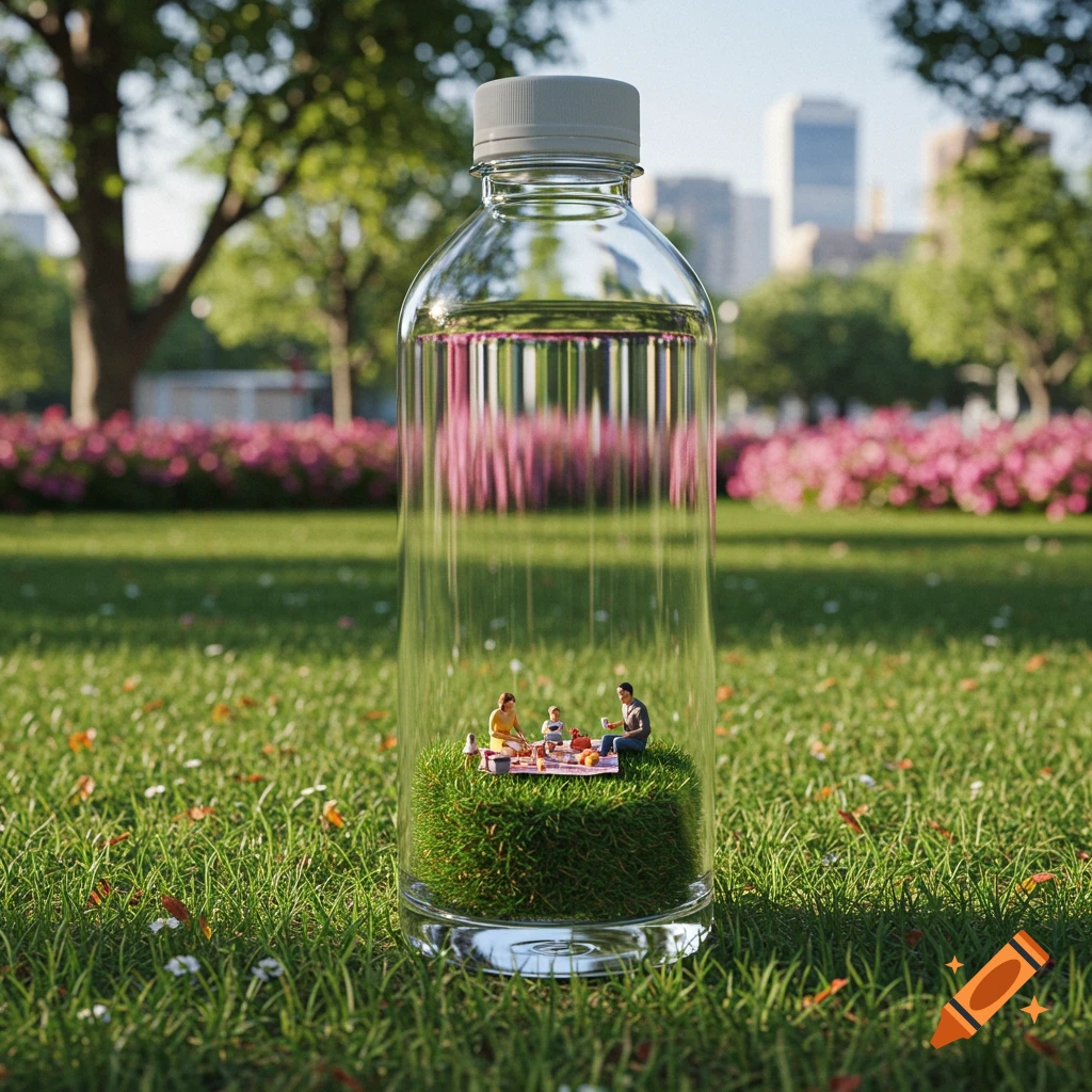 A miniature family enjoys a picnic on grass inside a large water bottle in a park, photorealistic style.