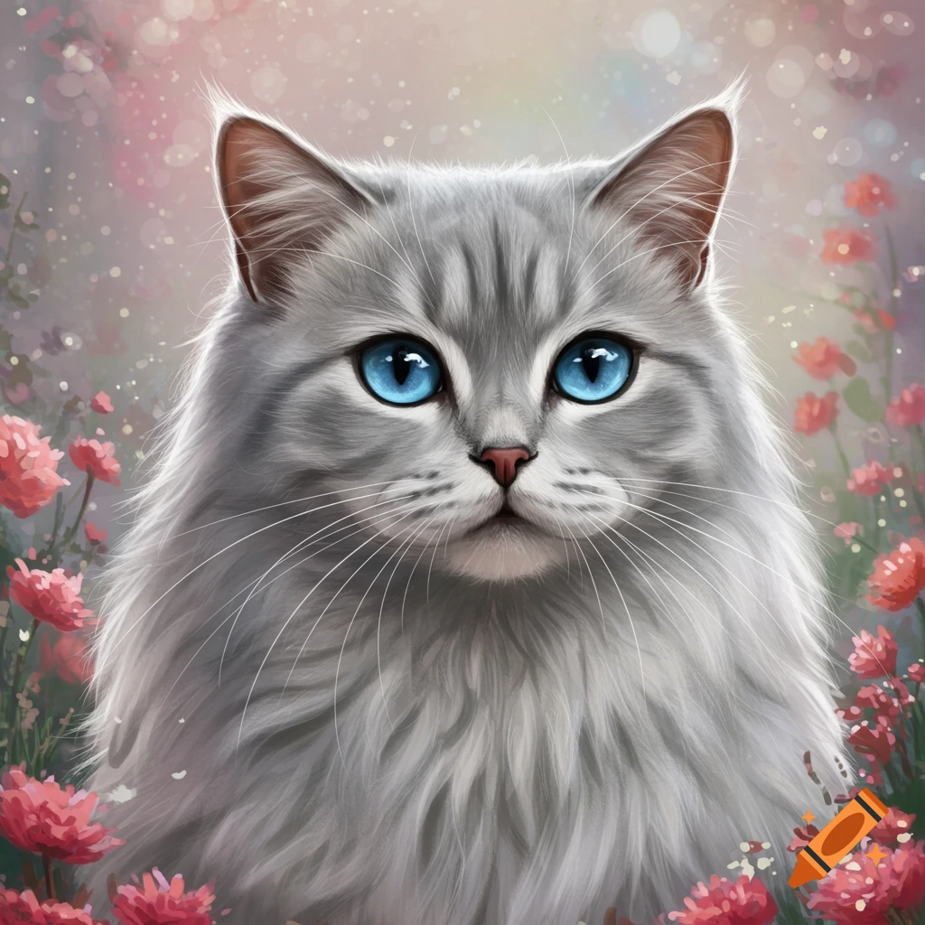 A fluffy grey cat with bright blue eyes among pink flowers.
