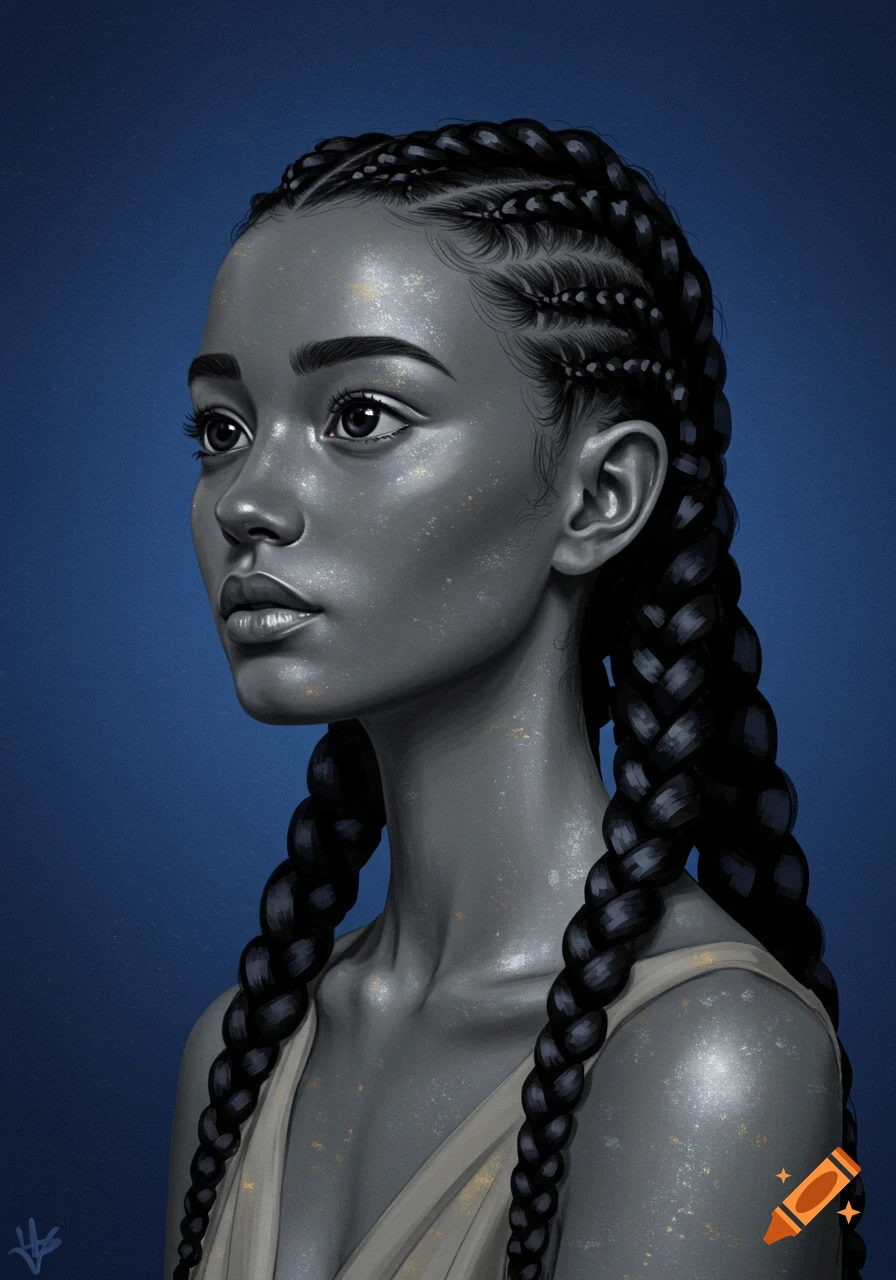 Digital portrait of a woman with gray skin and braids on a blue background.