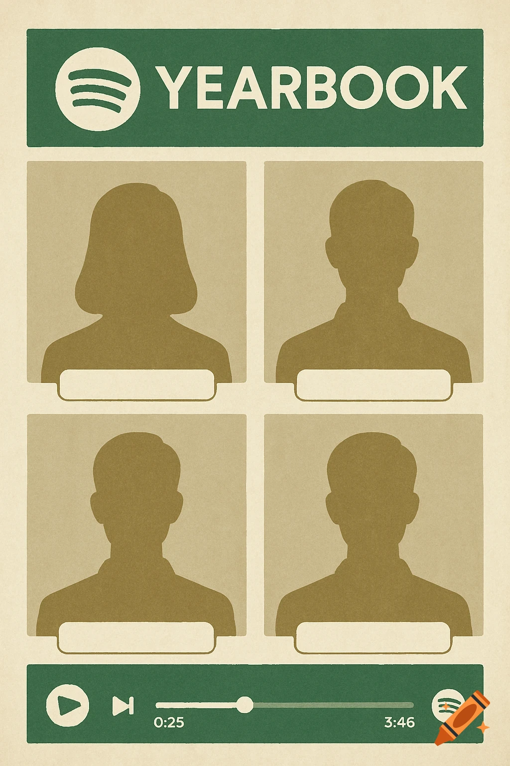 A Spotify-themed yearbook template with silhouetted portraits and a music player bar.