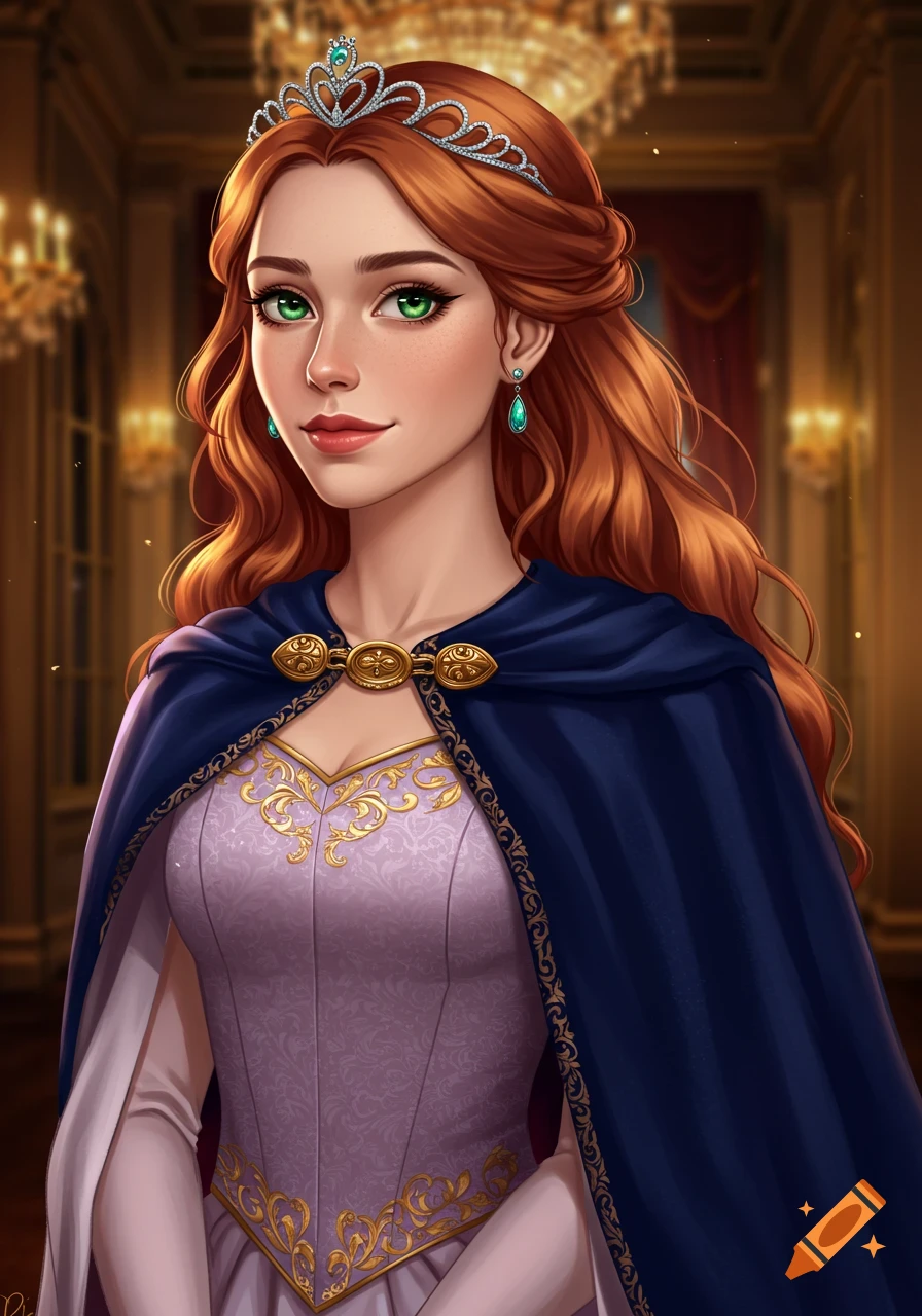 Portrait of a red-haired princess with a tiara and blue cape