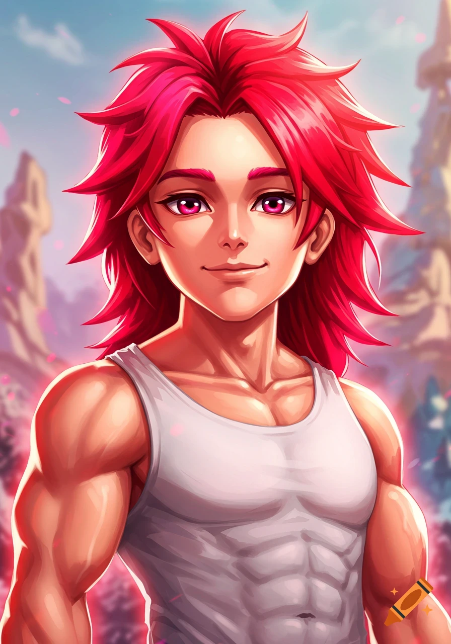A muscular anime male with spiky red hair and pink eyes is wearing a white tank top.