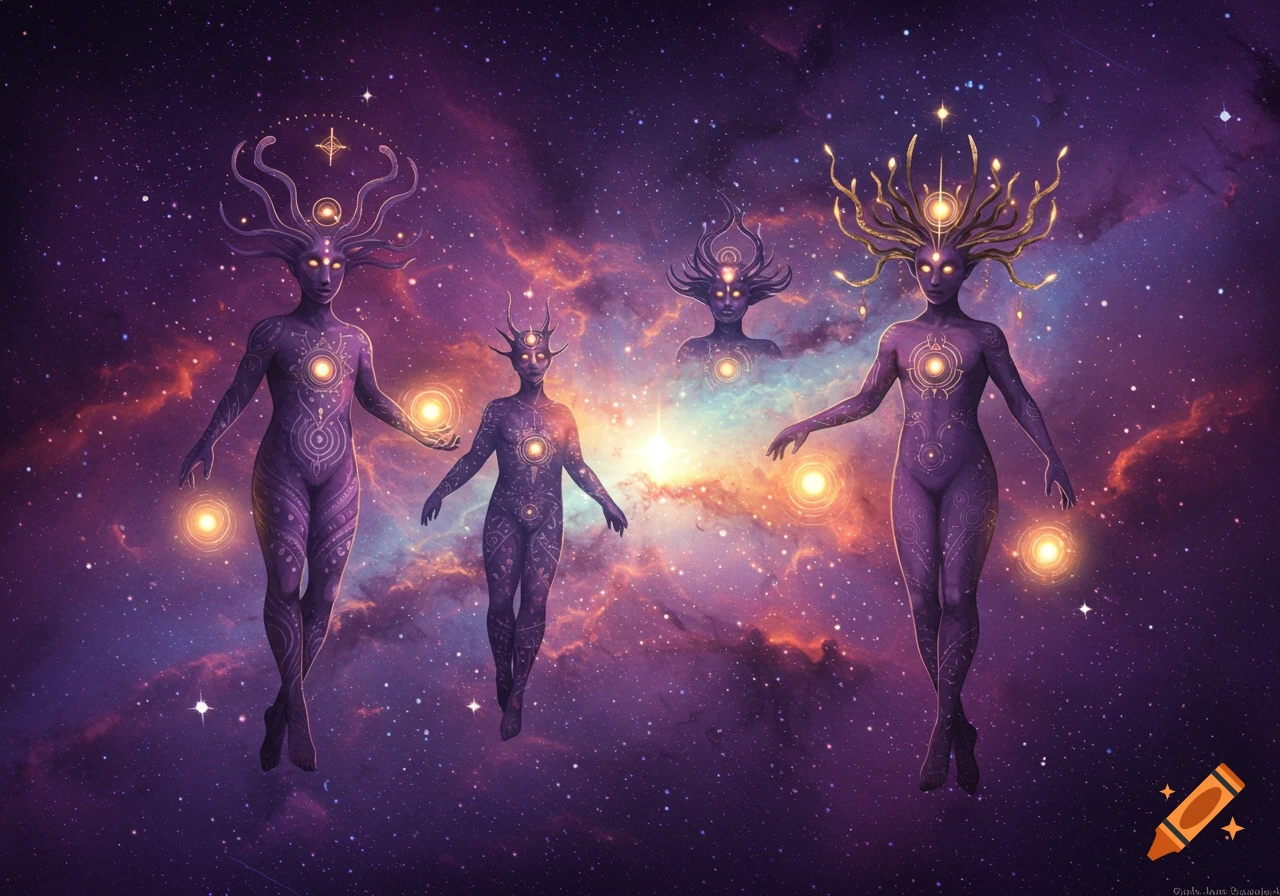 Purple figures with glowing orbs float in space with stars and nebulae.