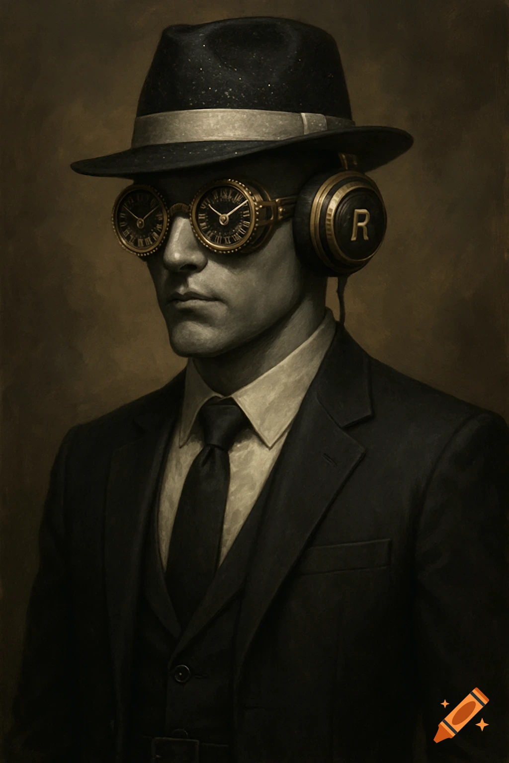 A man in a fedora, suit, clockwork glasses, and headphones with an R on the side.