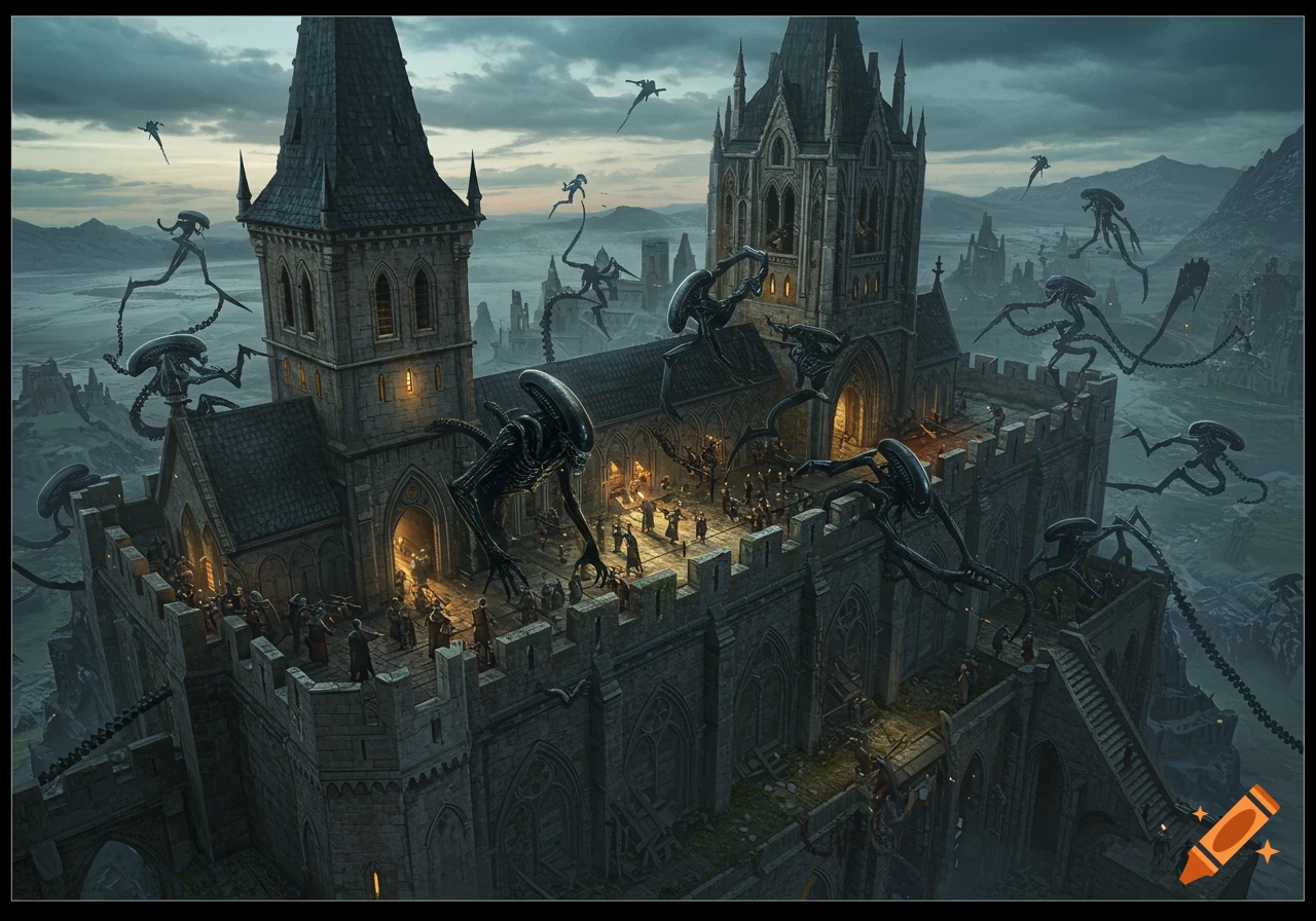 Xenomorph aliens attacking a medieval fortress filled with people.