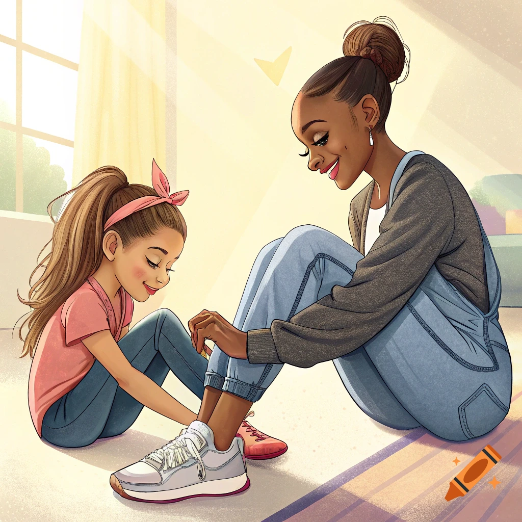 A woman helps a girl put on a shoe in a sunny room, illustration style.