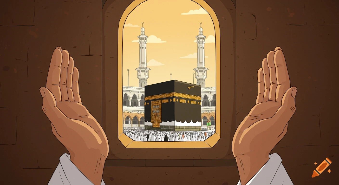 Hands raised in prayer frame the Kaabah in Mecca, cartoon style.