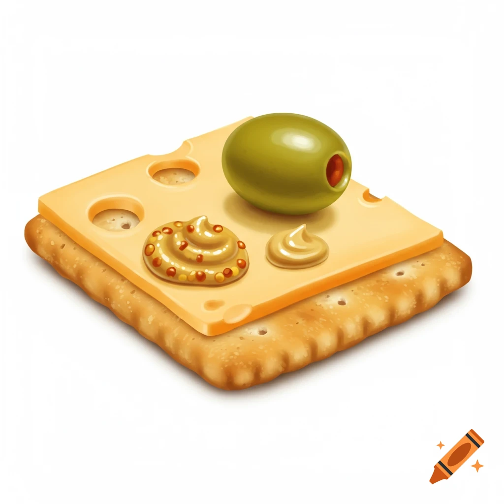 A digital illustration of a cracker topped with cheese, mustard, and an olive.