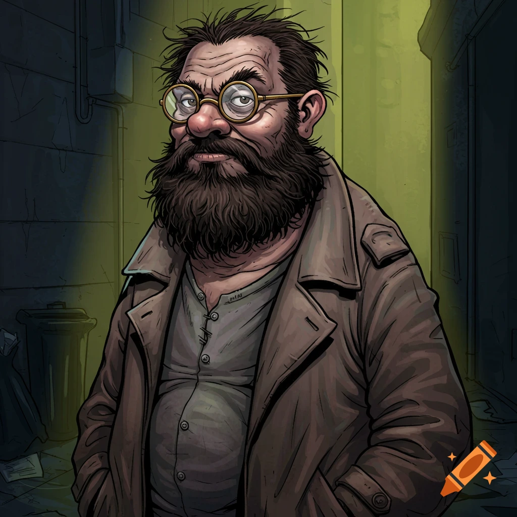 A bearded man in glasses and a trench coat stands in a dark alley.
