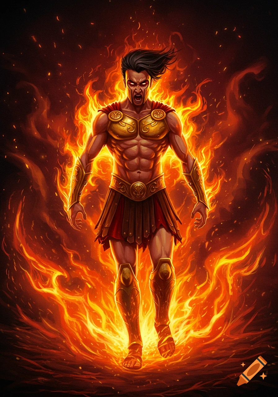 A muscular warrior in golden armor is engulfed in intense flames.