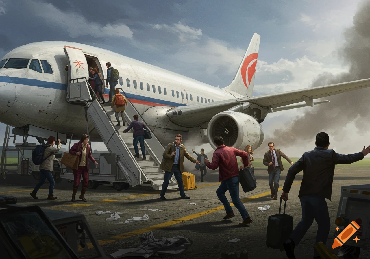 People evacuating an airplane during an emergency with smoke in the background.