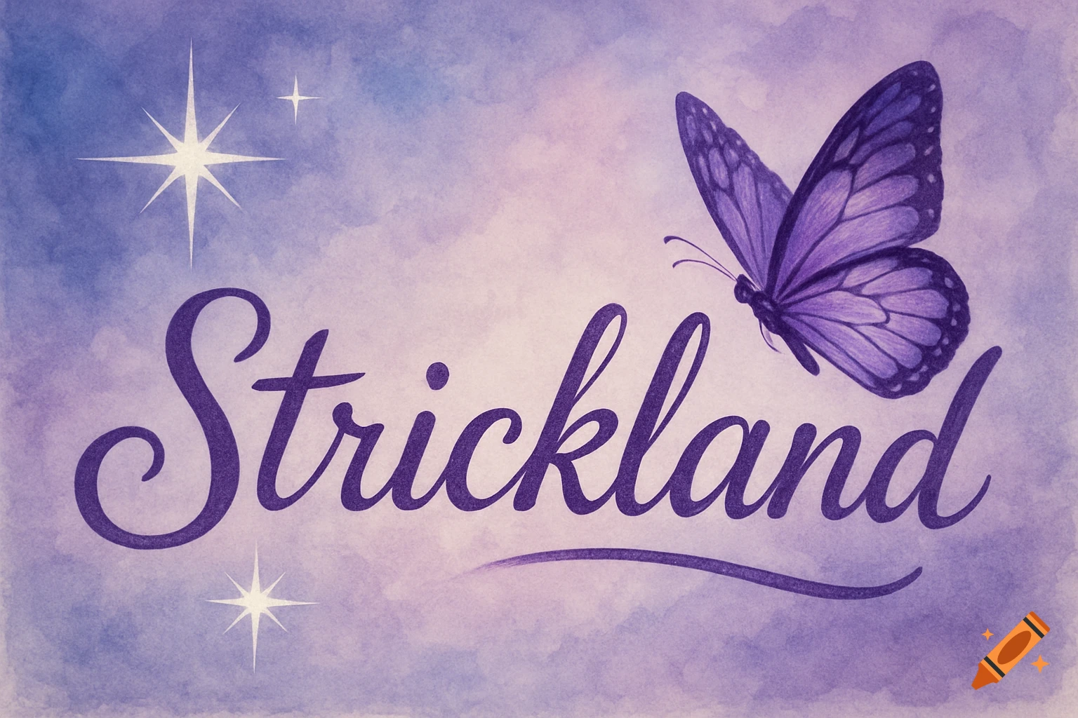 Purple watercolor background with cursive name 'Strickland', a purple butterfly, and stars.
