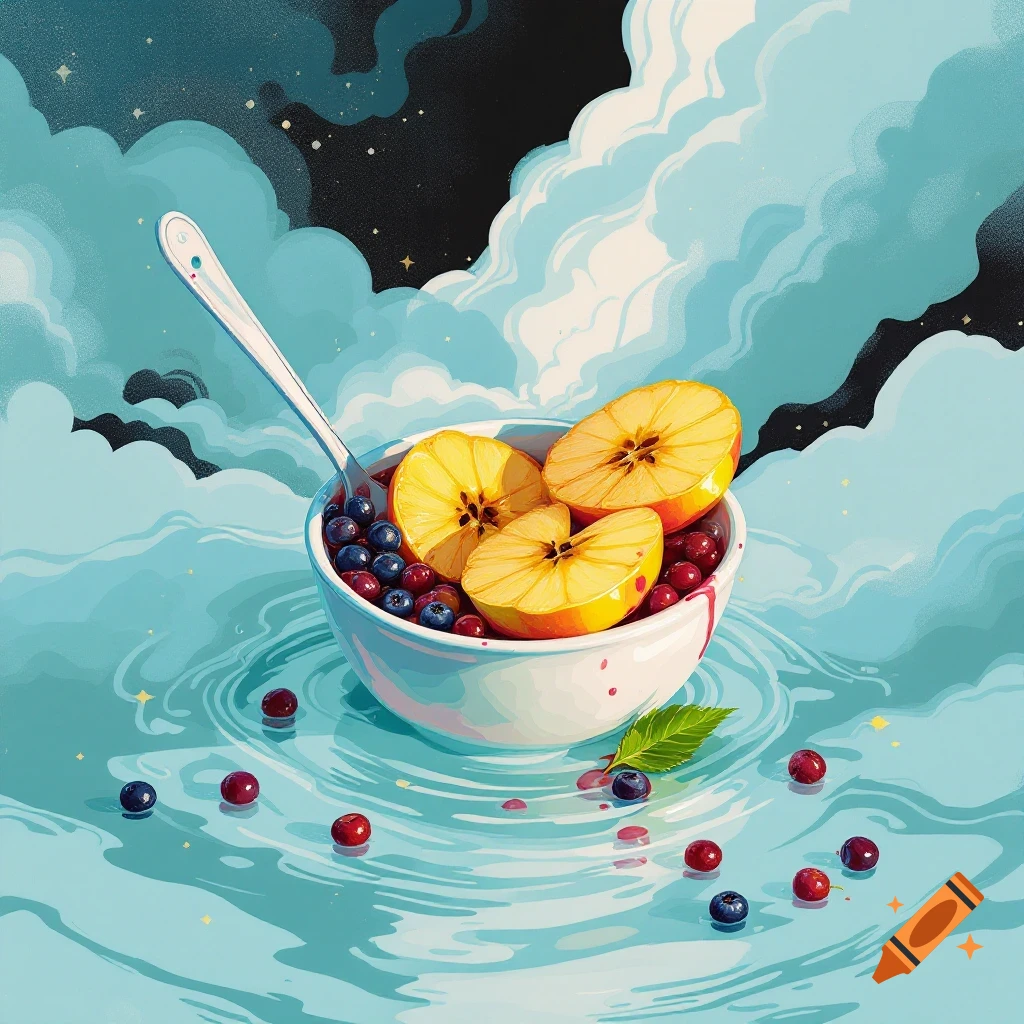 A bowl of sliced apples and berries with a spoon floats in water against a cloudy sky, in a painterly illustration style.