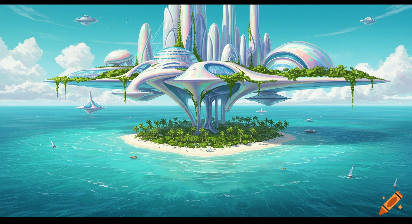 A futuristic floating city is suspended above a tropical island in the ocean