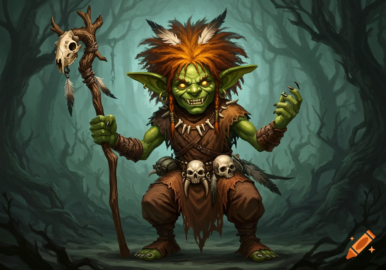 A goblin shaman holds a staff in a dark forest.