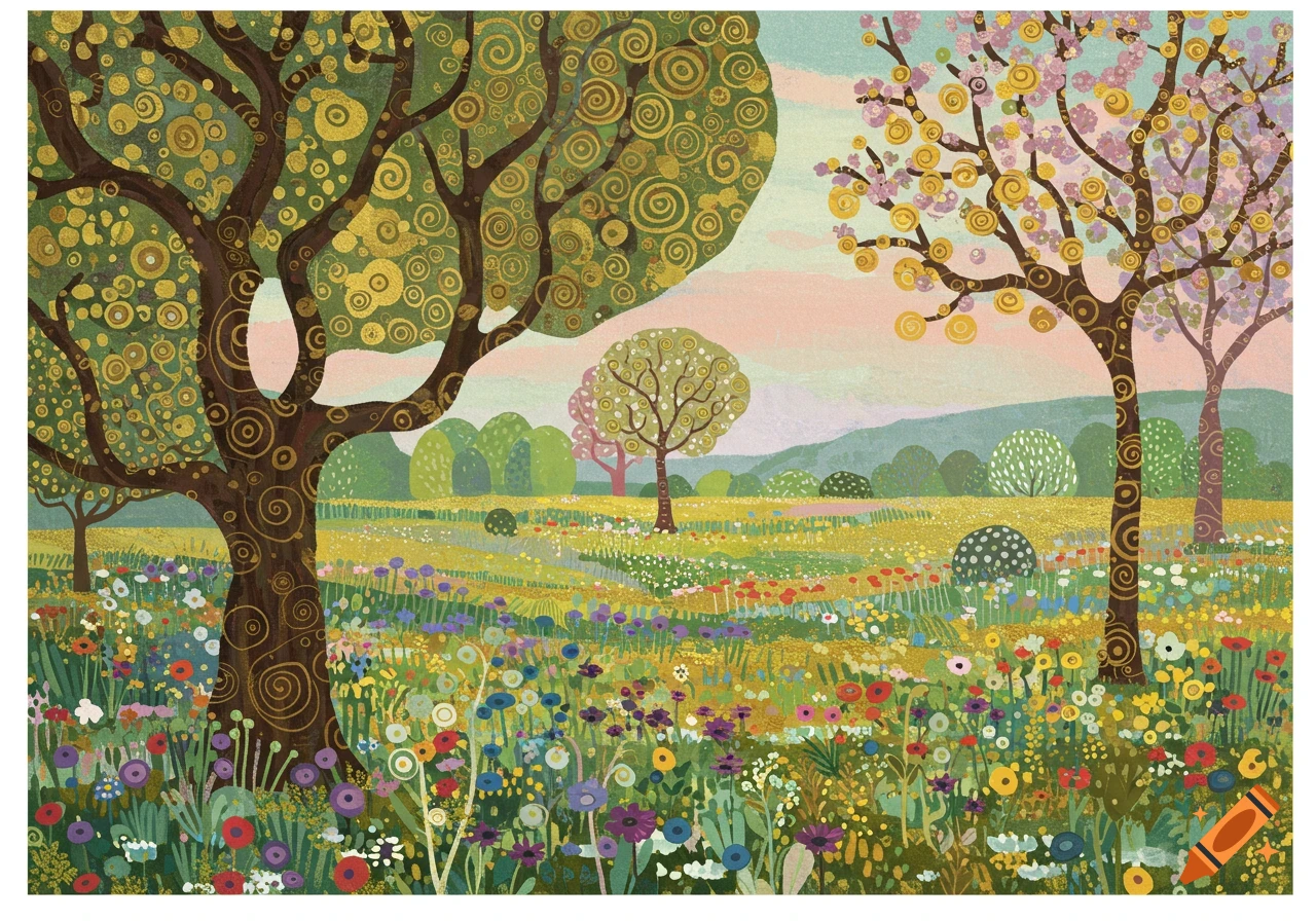 A vibrant painting of a spring landscape with swirling Klimt-style trees and a field of colorful flowers.